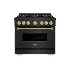 ZLINE Autograph Edition 36 in. 5.2 cu. ft. Classic Dual Fuel Range with 6 Burner DuoPro™ Cooktop and Electric Convection Oven in Black Stainless Steel and Champagne Bronze Accents - PCDRBZ-36-CB - The Home Selection