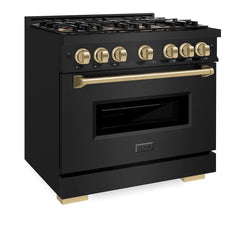ZLINE Autograph Edition 36 in. 5.2 cu. ft. Classic Dual Fuel Range with 6 Burner DuoPro™ Cooktop and Electric Convection Oven in Black Stainless Steel and Champagne Bronze Accents - PCDRBZ-36-CB - The Home Selection