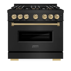 ZLINE Autograph Edition 36 in. 5.2 cu. ft. Classic Dual Fuel Range with 6 Burner DuoPro™ Cooktop and Electric Convection Oven in Black Stainless Steel and Champagne Bronze Accents - PCDRBZ-36-CB - The Home Selection
