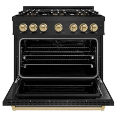 ZLINE Autograph Edition 36 in. 5.2 cu. ft. Classic Dual Fuel Range with 6 Burner DuoPro™ Cooktop and Electric Convection Oven in Black Stainless Steel and Champagne Bronze Accents - PCDRBZ-36-CB - The Home Selection