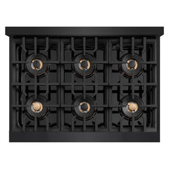 ZLINE Autograph Edition 36 in. 5.2 cu. ft. Classic Dual Fuel Range with 6 Burner DuoPro™ Cooktop and Electric Convection Oven in Black Stainless Steel and Champagne Bronze Accents - PCDRBZ-36-CB - The Home Selection