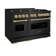 ZLINE Autograph Edition 48 in. 6.7 cu. ft. Classic Dual Fuel Range with 8 Burner DuoPro™ Cooktop and Dual Ovens in Black Stainless Steel and Champagne Bronze Accents - PCDRBZ-48-CB - The Home Selection