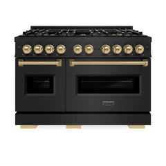 ZLINE Autograph Edition 48 in. 6.7 cu. ft. Classic Dual Fuel Range with 8 Burner DuoPro™ Cooktop and Dual Ovens in Black Stainless Steel and Champagne Bronze Accents - PCDRBZ-48-CB - The Home Selection