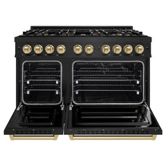ZLINE Autograph Edition 48 in. 6.7 cu. ft. Classic Dual Fuel Range with 8 Burner DuoPro™ Cooktop and Dual Ovens in Black Stainless Steel and Champagne Bronze Accents - PCDRBZ-48-CB - The Home Selection