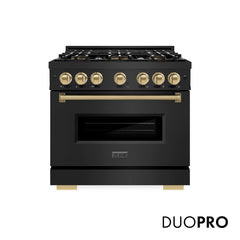 ZLINE Autograph Edition 36 in. 5.2 cu. ft. Classic Gas Range with 6 Burner DuoPro™ Cooktop and Convection Gas Oven in Black Stainless Steel and Champagne Bronze Accents