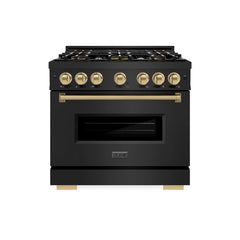 ZLINE Autograph Edition 36 in. 5.2 cu. ft. Classic Gas Range with 6 Burner DuoPro™ Cooktop and Convection Gas Oven in Black Stainless Steel and Champagne Bronze Accents