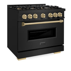 ZLINE Autograph Edition 36 in. 5.2 cu. ft. Classic Gas Range with 6 Burner DuoPro™ Cooktop and Convection Gas Oven in Black Stainless Steel and Champagne Bronze Accents