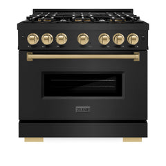 ZLINE Autograph Edition 36 in. 5.2 cu. ft. Classic Gas Range with 6 Burner DuoPro™ Cooktop and Convection Gas Oven in Black Stainless Steel and Champagne Bronze Accents