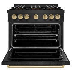ZLINE Autograph Edition 36 in. 5.2 cu. ft. Classic Gas Range with 6 Burner DuoPro™ Cooktop and Convection Gas Oven in Black Stainless Steel and Champagne Bronze Accents