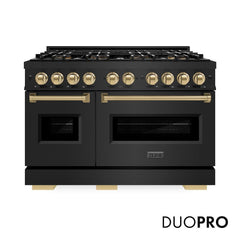 ZLINE Autograph Edition 48 in. 6.7 cu. ft. Classic Gas Range with 8 Burner DuoPro™ Cooktop and Dual Ovens in Black Stainless Steel and Champagne Bronze Accents - PCGRBZ-48-CB - The Home Selection