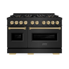 ZLINE Autograph Edition 48 in. 6.7 cu. ft. Classic Gas Range with 8 Burner DuoPro™ Cooktop and Dual Ovens in Black Stainless Steel and Champagne Bronze Accents - PCGRBZ-48-CB - The Home Selection