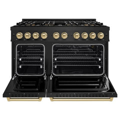 ZLINE Autograph Edition 48 in. 6.7 cu. ft. Classic Gas Range with 8 Burner DuoPro™ Cooktop and Dual Ovens in Black Stainless Steel and Champagne Bronze Accents - PCGRBZ-48-CB - The Home Selection