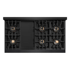 ZLINE Autograph Edition 48 in. 6.7 cu. ft. Classic Gas Range with 8 Burner DuoPro™ Cooktop and Dual Ovens in Black Stainless Steel and Champagne Bronze Accents - PCGRBZ-48-CB - The Home Selection