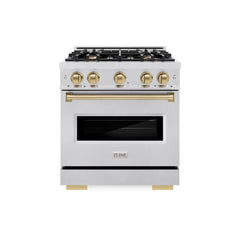 ZLINE Autograph Edition 30 in. 4.2 cu. ft. Classic Dual Fuel Range with 4 Burner Gas Cooktop and Electric Convection Oven in Satin Stainless Steel with Champagne Bronze Accents
