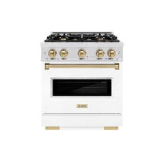 ZLINE Autograph Edition 30 in. 4.2 cu. ft. Classic Dual Fuel Range with 4 Burner Gas Cooktop and Electric Convection Oven in Satin Stainless Steel with White Matte Door and Champagne Bronze Accents - CDRSZ-WM-30-CB - The Home Selection