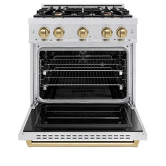 ZLINE Autograph Edition 30 in. 4.2 cu. ft. Classic Dual Fuel Range with 4 Burner Gas Cooktop and Electric Convection Oven in Satin Stainless Steel with Champagne Bronze Accents