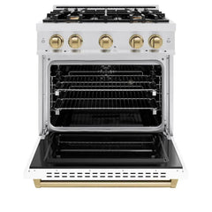 ZLINE Autograph Edition 30 in. 4.2 cu. ft. Classic Dual Fuel Range with 4 Burner Gas Cooktop and Electric Convection Oven in Satin Stainless Steel with White Matte Door and Champagne Bronze Accents - CDRSZ-WM-30-CB - The Home Selection