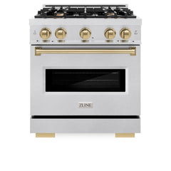 ZLINE Autograph Edition 30 in. 4.2 cu. ft. Classic Dual Fuel Range with 4 Burner Gas Cooktop and Electric Convection Oven in Satin Stainless Steel with Champagne Bronze Accents