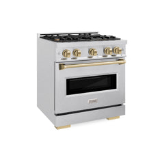 ZLINE Autograph Edition 30 in. 4.2 cu. ft. Classic Dual Fuel Range with 4 Burner Gas Cooktop and Electric Convection Oven in Satin Stainless Steel with Champagne Bronze Accents