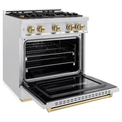 ZLINE Autograph Edition 30 in. 4.2 cu. ft. Classic Dual Fuel Range with 4 Burner Gas Cooktop and Electric Convection Oven in Satin Stainless Steel with Champagne Bronze Accents