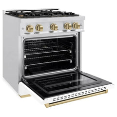 ZLINE Autograph Edition 30 in. 4.2 cu. ft. Classic Dual Fuel Range with 4 Burner Gas Cooktop and Electric Convection Oven in Satin Stainless Steel with White Matte Door and Champagne Bronze Accents - CDRSZ-WM-30-CB - The Home Selection