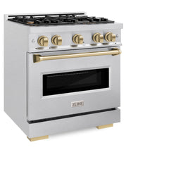 ZLINE Autograph Edition 30 in. 4.2 cu. ft. Classic Dual Fuel Range with 4 Burner Gas Cooktop and Electric Convection Oven in Satin Stainless Steel with Champagne Bronze Accents