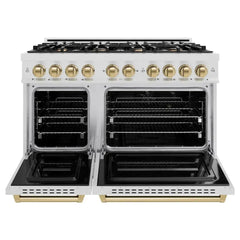 ZLINE Autograph Edition 48 in. 6.7 cu. ft. Classic Double Oven Dual Fuel Range with 8 Burner Gas Cooktop in Satin Stainless Steel and Champagne Bronze Accents - CDRSZ-48-CB - The Home Selection