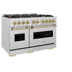 ZLINE Autograph Edition 48 in. 6.7 cu. ft. Classic Double Oven Dual Fuel Range with 8 Burner Gas Cooktop in Satin Stainless Steel and Champagne Bronze Accents - CDRSZ-48-CB - The Home Selection
