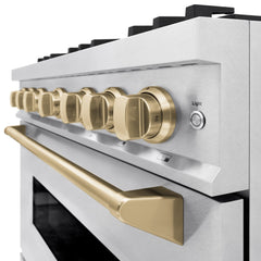 ZLINE Autograph Edition 36 in. 5.2 cu. ft. Classic Dual Fuel Range with 6 Burner Gas Cooktop and Electric Convection Oven in Satin Stainless Steel with Champagne Bronze Accents