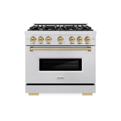 ZLINE Autograph Edition 36 in. 5.2 cu. ft. Classic Dual Fuel Range with 6 Burner Gas Cooktop and Electric Convection Oven in Satin Stainless Steel with Champagne Bronze Accents