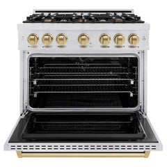 ZLINE Autograph Edition 36 in. 5.2 cu. ft. Classic Dual Fuel Range with 6 Burner Gas Cooktop and Electric Convection Oven in Satin Stainless Steel with Champagne Bronze Accents