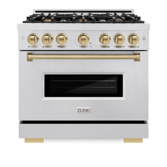 ZLINE Autograph Edition 36 in. 5.2 cu. ft. Classic Dual Fuel Range with 6 Burner Gas Cooktop and Electric Convection Oven in Satin Stainless Steel with Champagne Bronze Accents