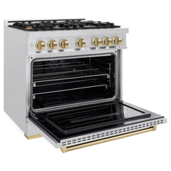 ZLINE Autograph Edition 36 in. 5.2 cu. ft. Classic Dual Fuel Range with 6 Burner Gas Cooktop and Electric Convection Oven in Satin Stainless Steel with Champagne Bronze Accents