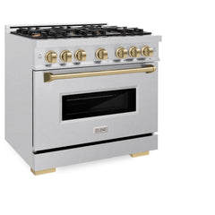 ZLINE Autograph Edition 36 in. 5.2 cu. ft. Classic Dual Fuel Range with 6 Burner Gas Cooktop and Electric Convection Oven in Satin Stainless Steel with Champagne Bronze Accents