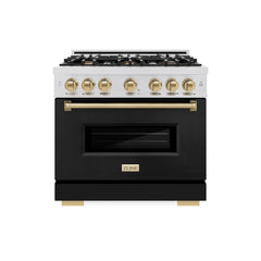 ZLINE Autograph Edition 36 in. 5.2 cu. ft. Classic Dual Fuel Range with 6 Burner Gas Cooktop and Electric Convection Oven in Satin Stainless Steel with Black Matte Door and Champagne Bronze Accents - CDRSZ-BLM-36-CB - The Home Selection