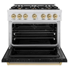ZLINE Autograph Edition 36 in. 5.2 cu. ft. Classic Dual Fuel Range with 6 Burner Gas Cooktop and Electric Convection Oven in Satin Stainless Steel with Black Matte Door and Champagne Bronze Accents - CDRSZ-BLM-36-CB - The Home Selection
