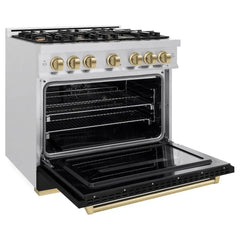 ZLINE Autograph Edition 36 in. 5.2 cu. ft. Classic Dual Fuel Range with 6 Burner Gas Cooktop and Electric Convection Oven in Satin Stainless Steel with Black Matte Door and Champagne Bronze Accents - CDRSZ-BLM-36-CB - The Home Selection