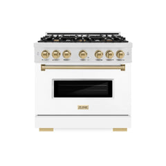 ZLINE Autograph Edition 36 in. 5.2 cu. ft. Classic Dual Fuel Range with 6 Burner Gas Cooktop and Electric Convection Oven in Satin Stainless Steel with White Matte Door and Champagne Bronze Accents - CDRSZ-WM-36-CB - The Home Selection