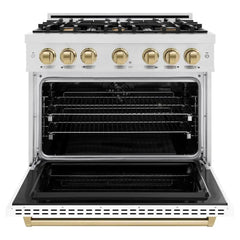 ZLINE Autograph Edition 36 in. 5.2 cu. ft. Classic Dual Fuel Range with 6 Burner Gas Cooktop and Electric Convection Oven in Satin Stainless Steel with White Matte Door and Champagne Bronze Accents - CDRSZ-WM-36-CB - The Home Selection