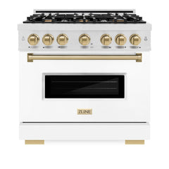 ZLINE Autograph Edition 36 in. 5.2 cu. ft. Classic Dual Fuel Range with 6 Burner Gas Cooktop and Electric Convection Oven in Satin Stainless Steel with White Matte Door and Champagne Bronze Accents - CDRSZ-WM-36-CB - The Home Selection