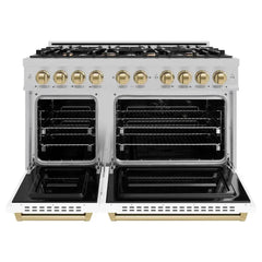 ZLINE Autograph Edition 48 in. 6.7 cu. ft. Classic Double Oven Dual Fuel Range with 8 Burner Gas Cooktop in Satin Stainless Steel with White Matte Doors and Champagne Bronze Accents - CDRSZ-WM-48-CB - The Home Selection
