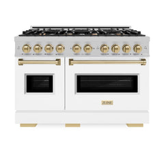 ZLINE Autograph Edition 48 in. 6.7 cu. ft. Classic Double Oven Dual Fuel Range with 8 Burner Gas Cooktop in Satin Stainless Steel with White Matte Doors and Champagne Bronze Accents - CDRSZ-WM-48-CB - The Home Selection