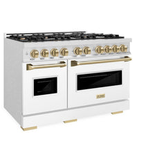 ZLINE Autograph Edition 48 in. 6.7 cu. ft. Classic Double Oven Dual Fuel Range with 8 Burner Gas Cooktop in Satin Stainless Steel with White Matte Doors and Champagne Bronze Accents - CDRSZ-WM-48-CB - The Home Selection