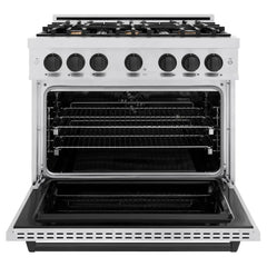 ZLINE Autograph Edition 36 in. 5.2 cu. ft. Classic Dual Fuel Range with 6 Burner Gas Cooktop and Electric Convection Oven in Satin Stainless Steel with Matte Black Accents - CDRSZ-36-MB - The Home Selection