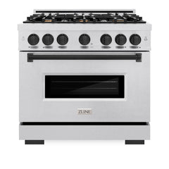 ZLINE Autograph Edition 36 in. 5.2 cu. ft. Classic Dual Fuel Range with 6 Burner Gas Cooktop and Electric Convection Oven in Satin Stainless Steel with Matte Black Accents - CDRSZ-36-MB - The Home Selection