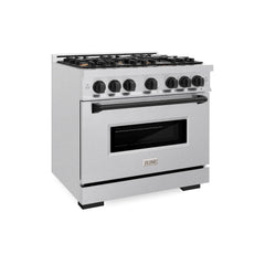 ZLINE Autograph Edition 36 in. 5.2 cu. ft. Classic Dual Fuel Range with 6 Burner Gas Cooktop and Electric Convection Oven in Satin Stainless Steel with Matte Black Accents - CDRSZ-36-MB - The Home Selection