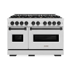 ZLINE Autograph Edition 48 in. 6.7 cu. ft. Classic Double Oven Dual Fuel Range with 8 Burner Gas Cooktop in Satin Stainless Steel and Matte Black Accents - CDRSZ-48-MB - The Home Selection