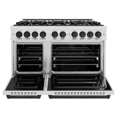ZLINE Autograph Edition 48 in. 6.7 cu. ft. Classic Double Oven Dual Fuel Range with 8 Burner Gas Cooktop in Satin Stainless Steel and Matte Black Accents - CDRSZ-48-MB - The Home Selection