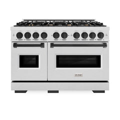 ZLINE Autograph Edition 48 in. 6.7 cu. ft. Classic Double Oven Dual Fuel Range with 8 Burner Gas Cooktop in Satin Stainless Steel and Matte Black Accents - CDRSZ-48-MB - The Home Selection