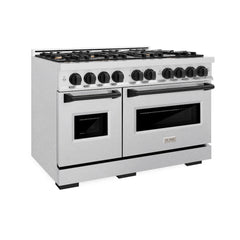 ZLINE Autograph Edition 48 in. 6.7 cu. ft. Classic Double Oven Dual Fuel Range with 8 Burner Gas Cooktop in Satin Stainless Steel and Matte Black Accents - CDRSZ-48-MB - The Home Selection